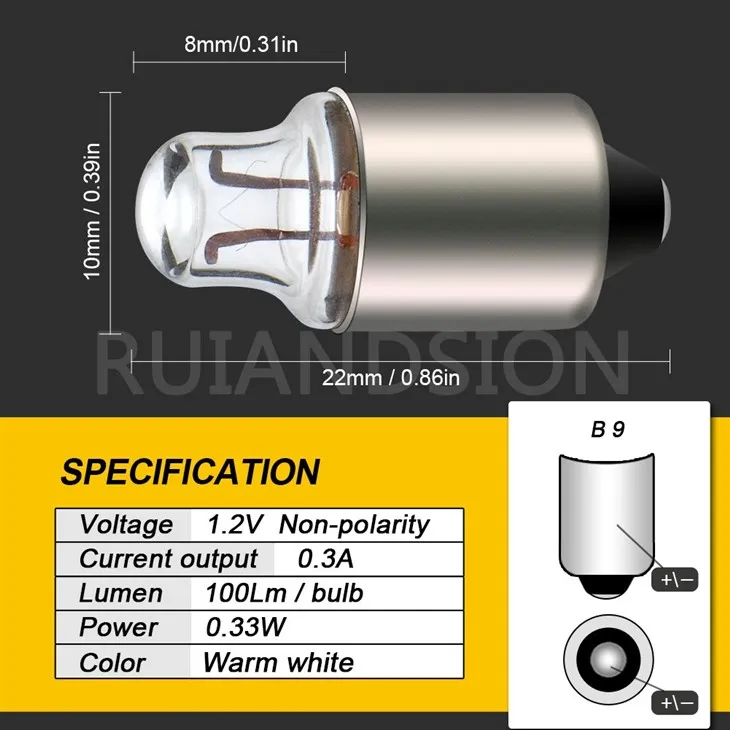 Ruiandsion B9 Led Flashlight Bulb Replacement Miniature Flashlight Bulbs 1.2V Warm White